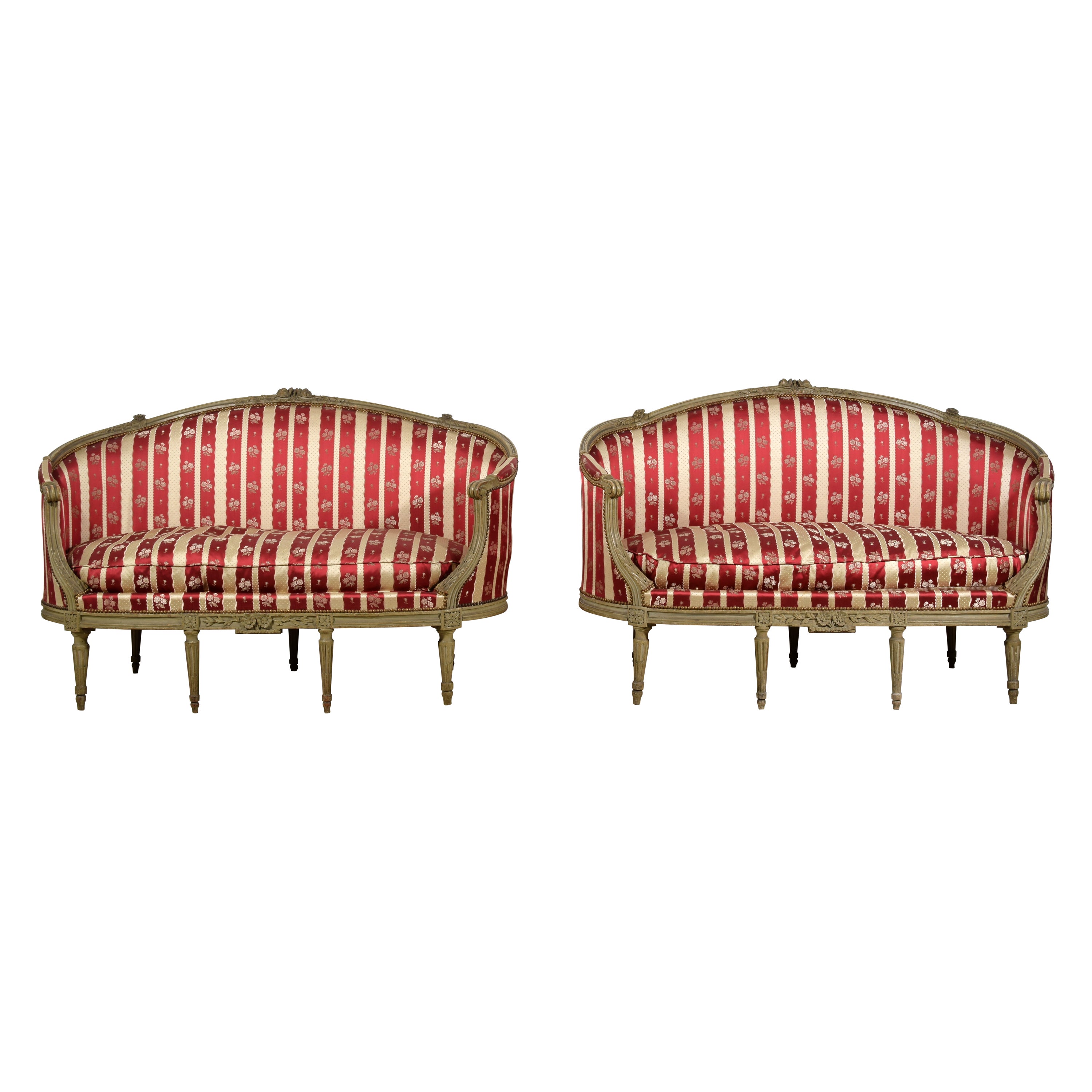 18th Century, Pair of Louis XVI French Lacquered Wood Corbeille Canapes For Sale