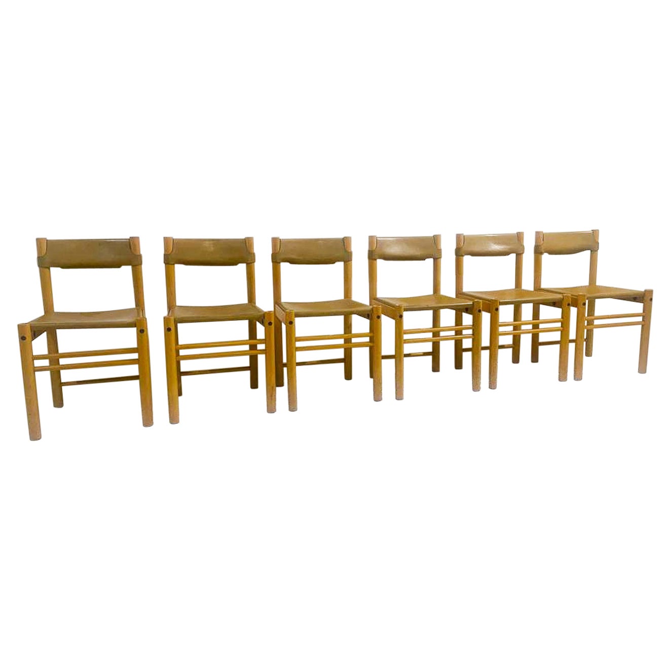 Mid-Century Modern Set of 6 Wood and Leather Chairs, Italy, 1960s