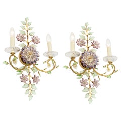 Large Gorgeous Flower Sconces Gilt Faceted Crystal Glass Bagues, Palwa, 1970s