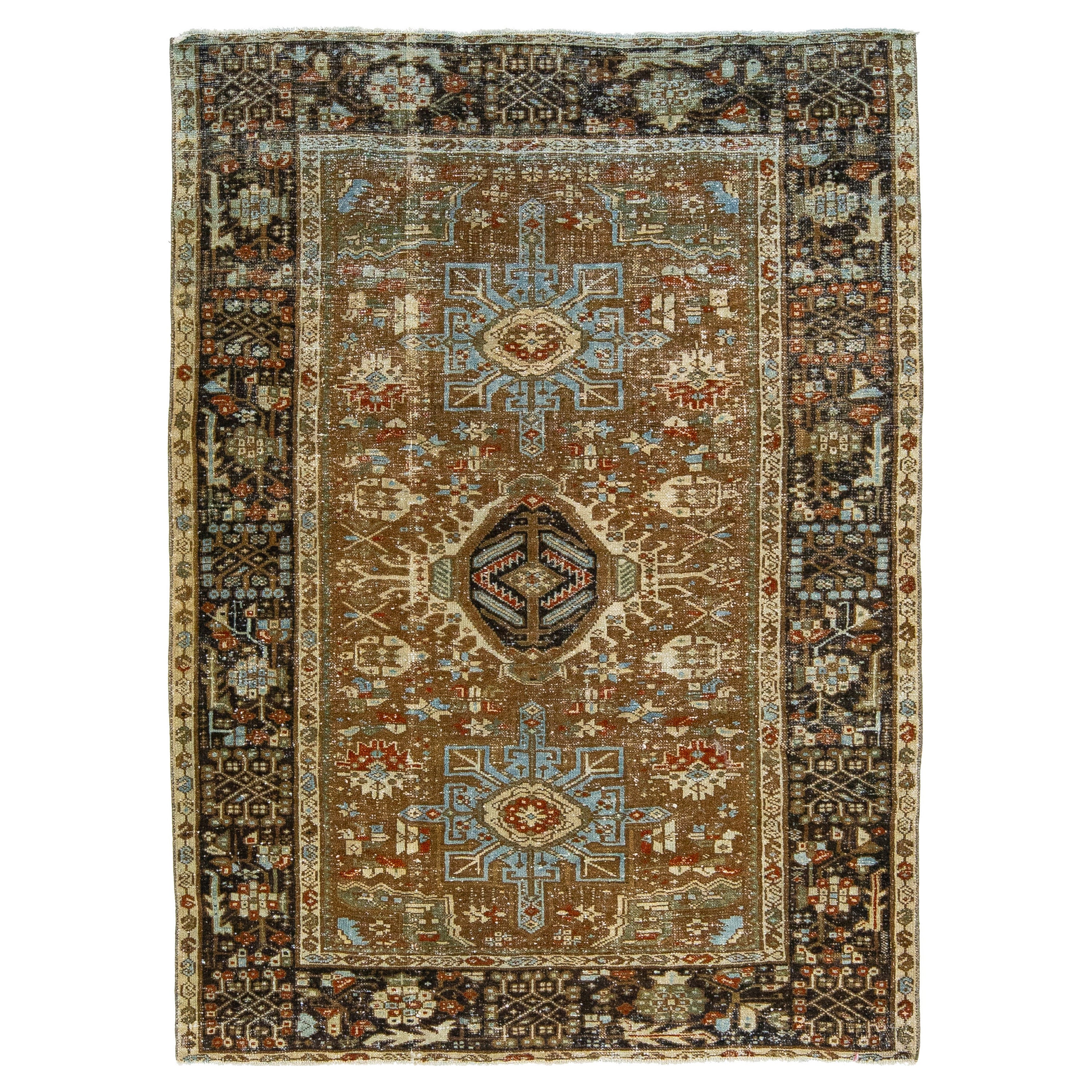 Antique Handmade Persian Scatter Wool Rug with Brown Field
