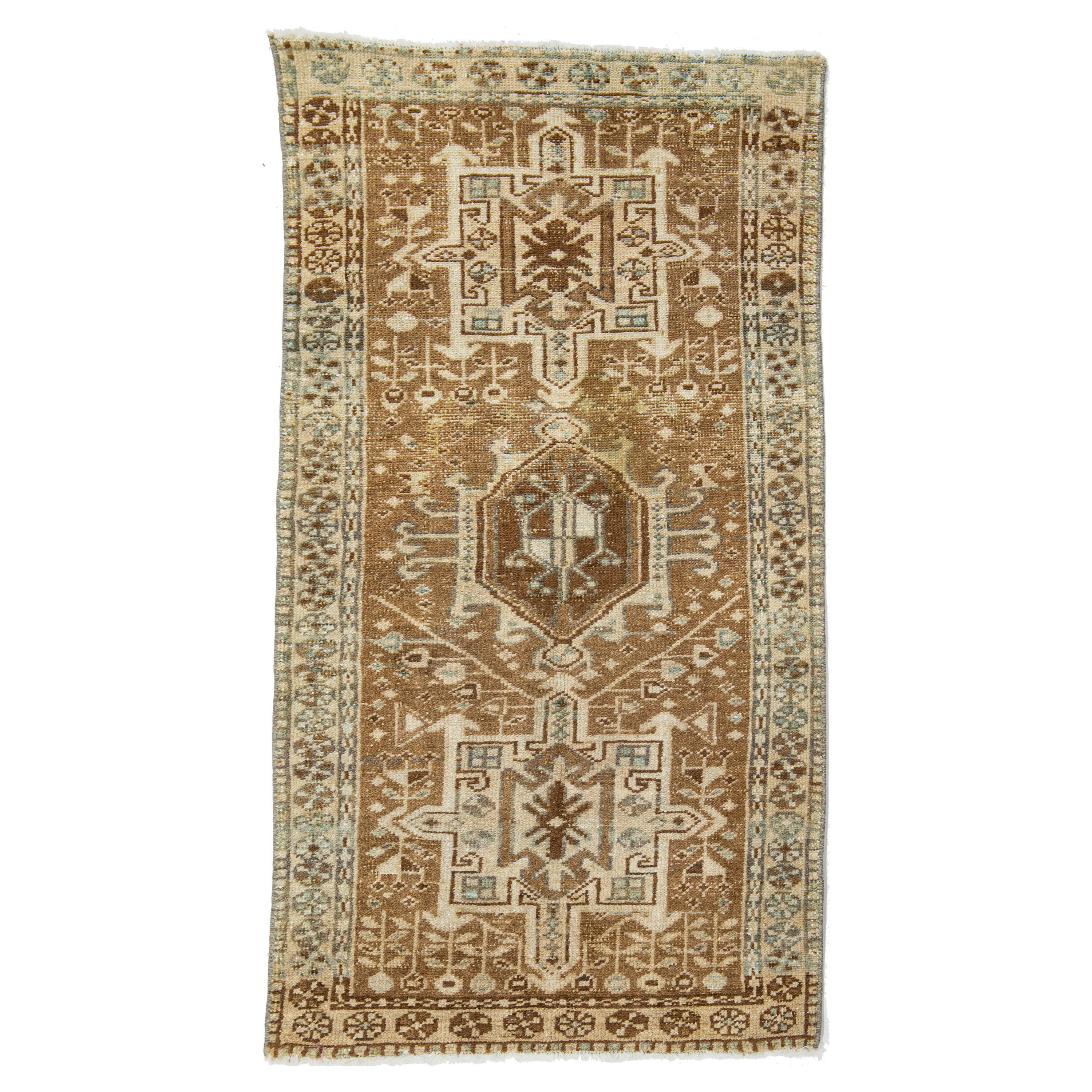 Brown Antique Handmade Persian Heriz Scatter Wool Rug with Allover Motif For Sale