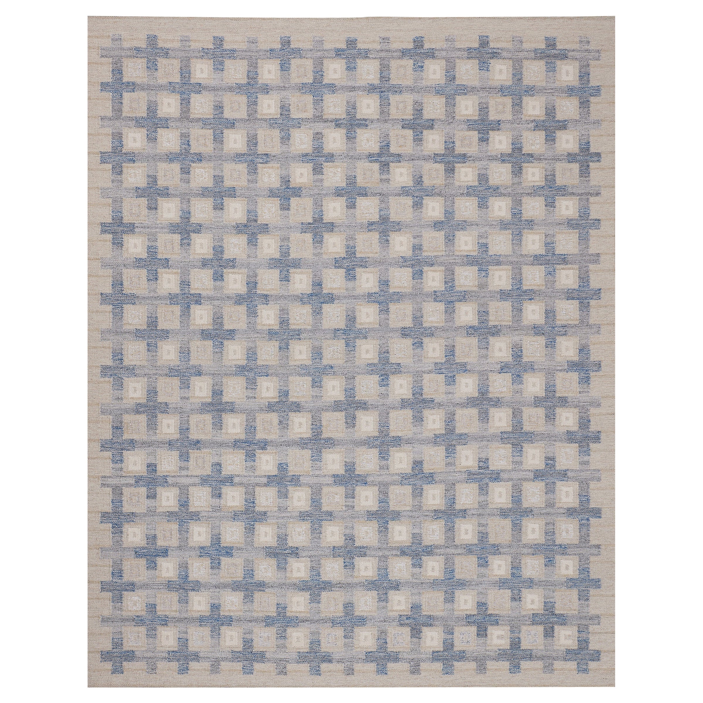 Contemporary Hand-woven 100% Wool Swedish-Inspired Blue Rug For Sale