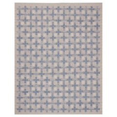 Contemporary Hand-woven 100% Wool Swedish-Inspired Blue Rug