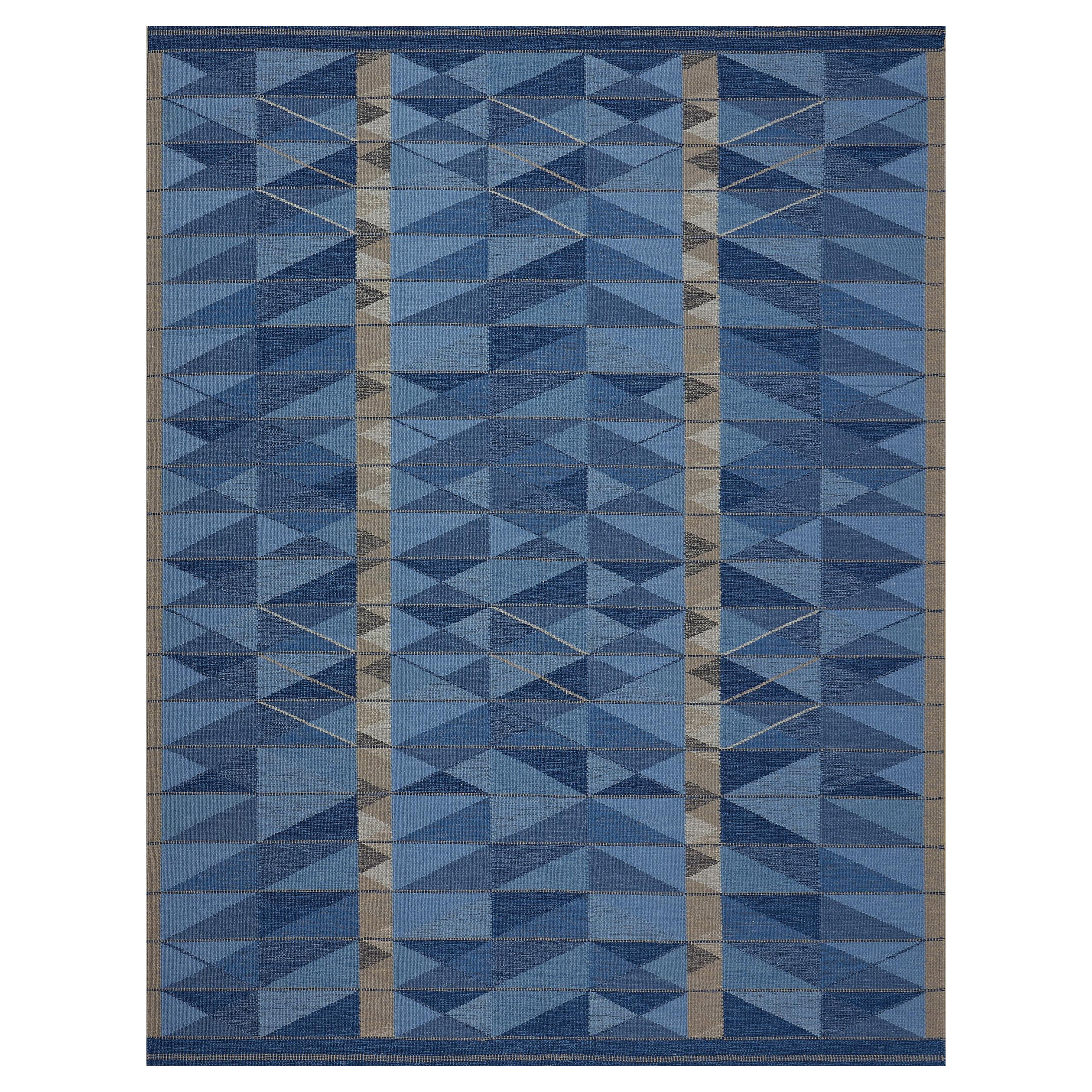Hand-Woven Contemporary 100% Wool Blue Graphic Rug  10'2x13'8 For Sale