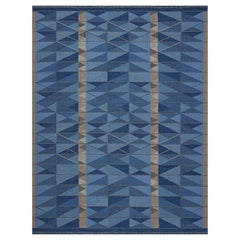 Tapis graphique 100% laine, tissé à la main, contemporain, bleu  10'2x13'8