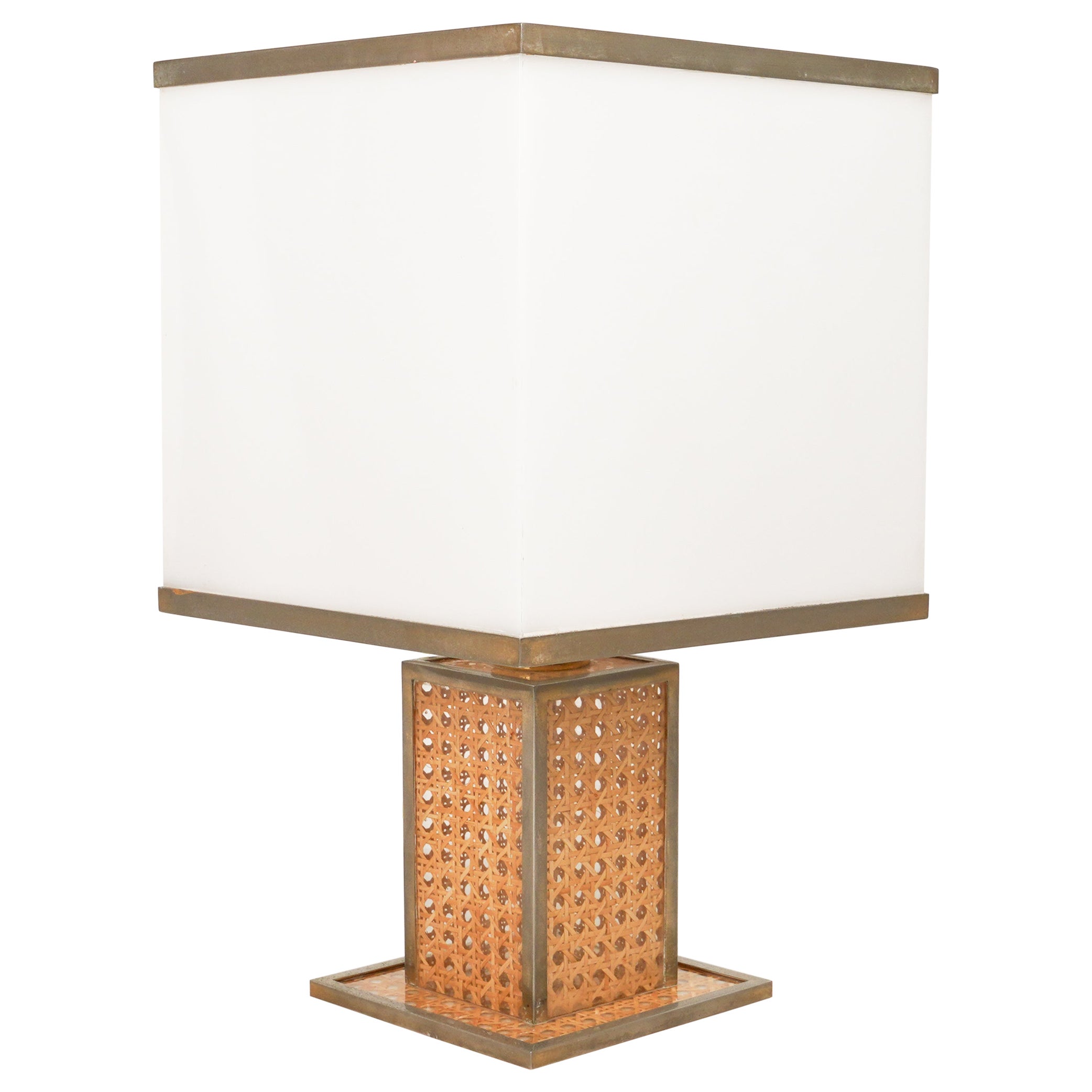 Table Lamp in Lucite, Rattan and Brass Christian Dior Style, Italy 1970s For Sale