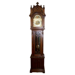 Early 20th Century Carved Oak Gothic 5 Gong Tall Case Grandfather Clock