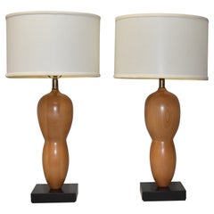 Pair Modern Sculptural Organic Form Wood Table Lamps
