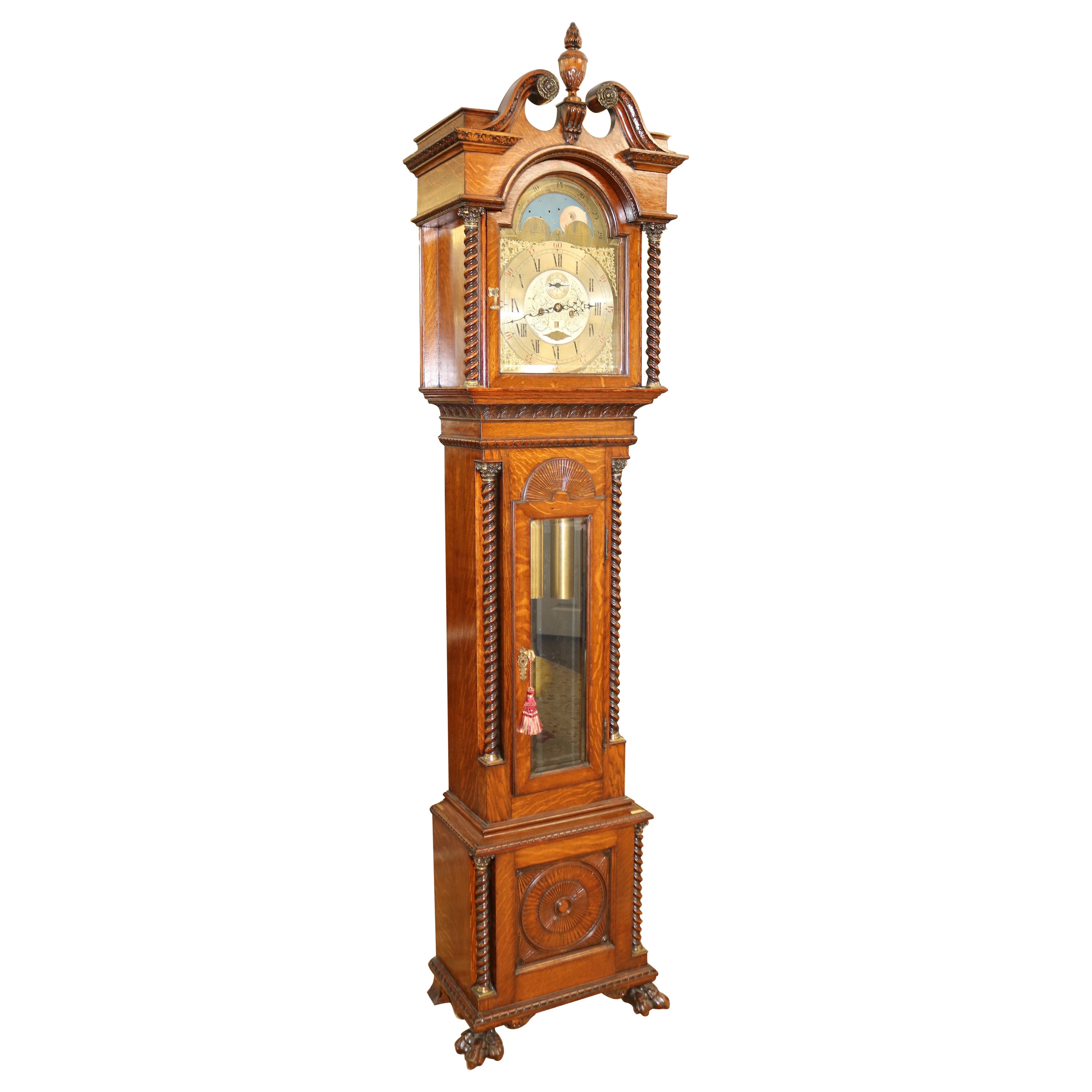 19th Century Walter Durfee Tiger Oak Pattern 42 Tall Case Grandfather Clock For Sale