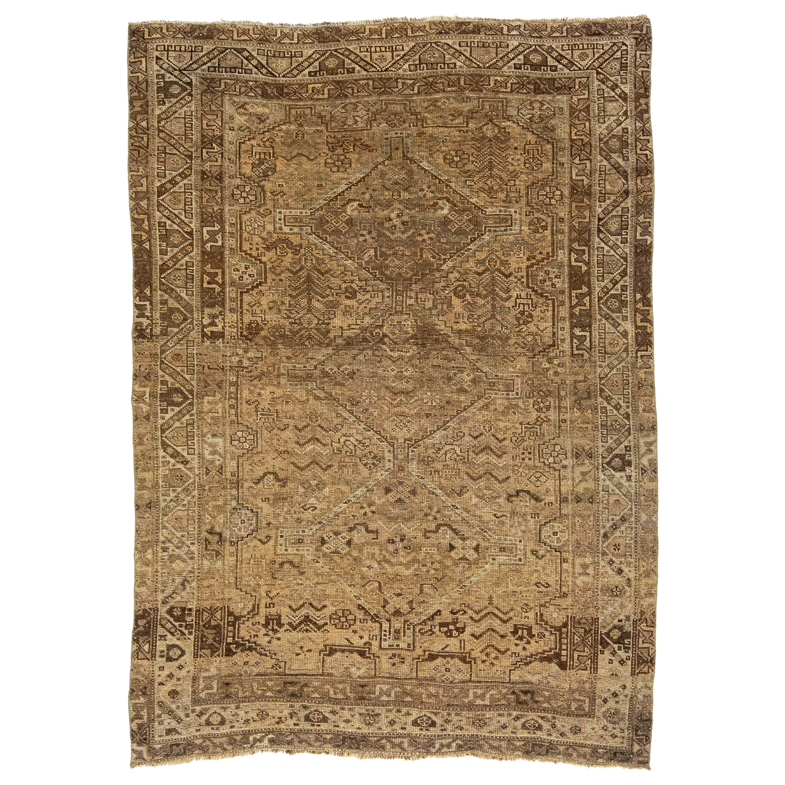 1920s Antique Handmade Persian Shiraz Scatter Wool Rug In Brown For Sale