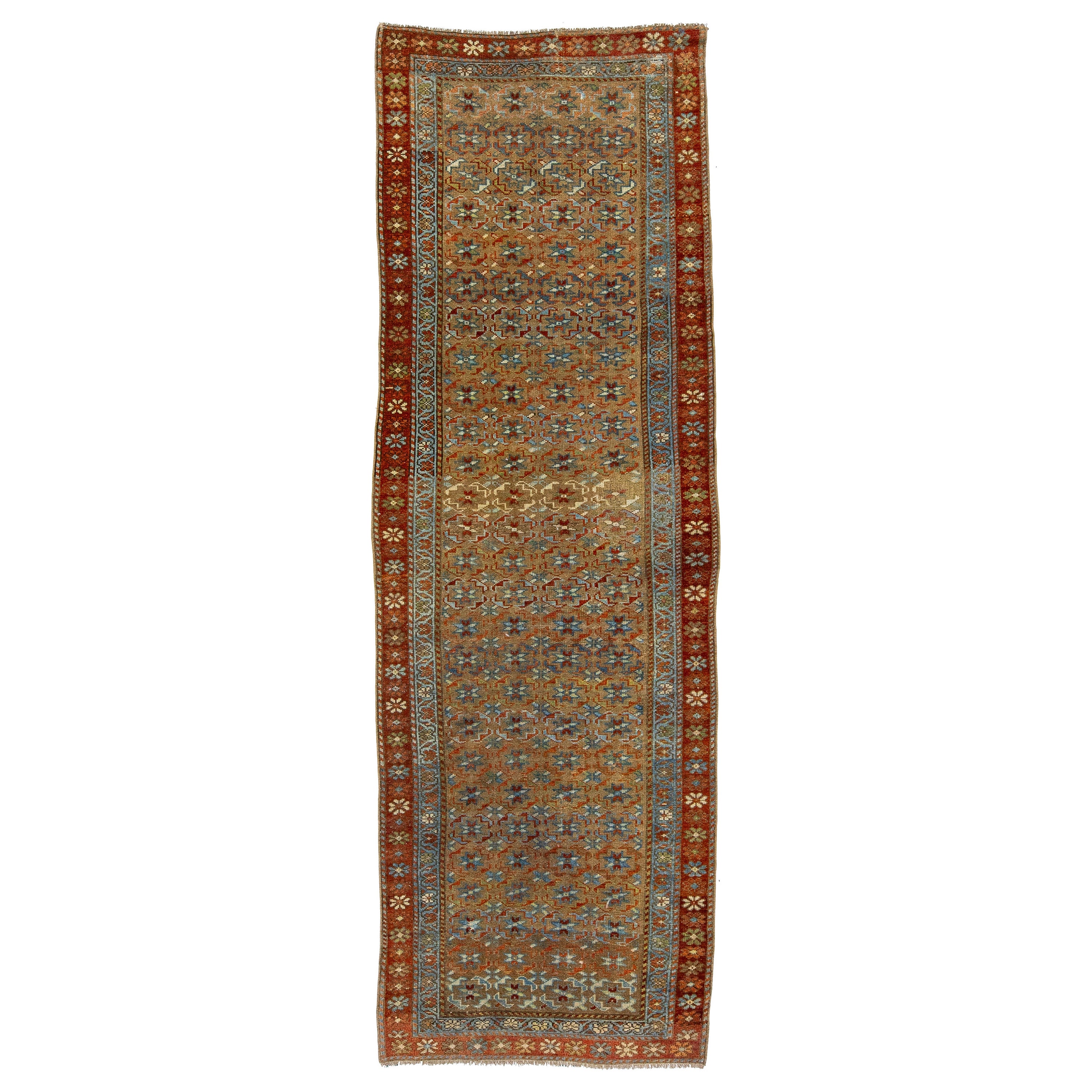 Antique Persian Bidjar Handmade Brown Wool Runner With Allover Motif For Sale