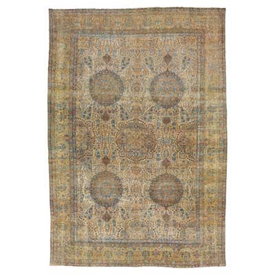Blue Antique Persian Kerman Square Wool Rug Handmade Featuring a ...