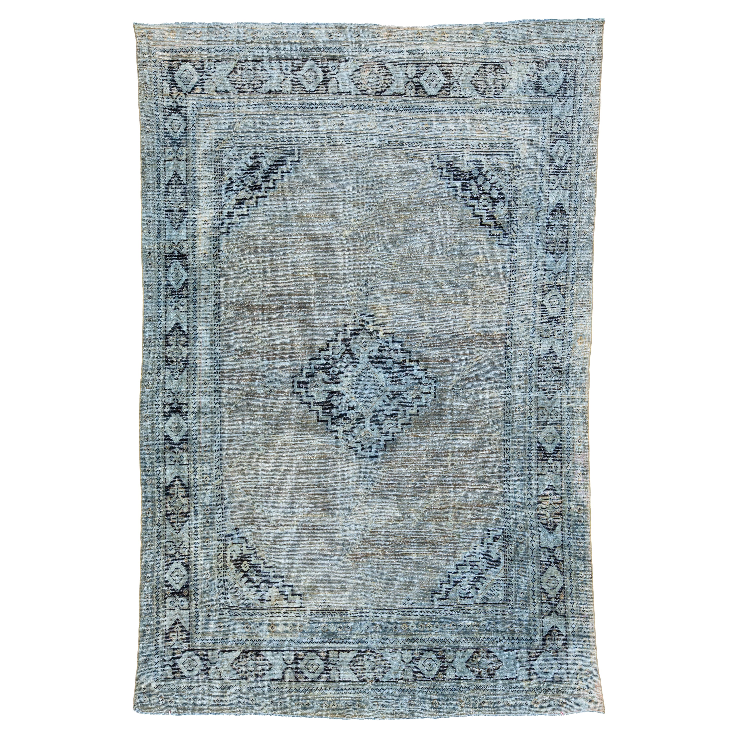 Antique Mahal Distressed Wool Rug with Medallion Design in Blue For Sale