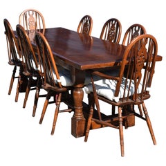 Vintage Solid Oak Refectory Table & 8 Chairs