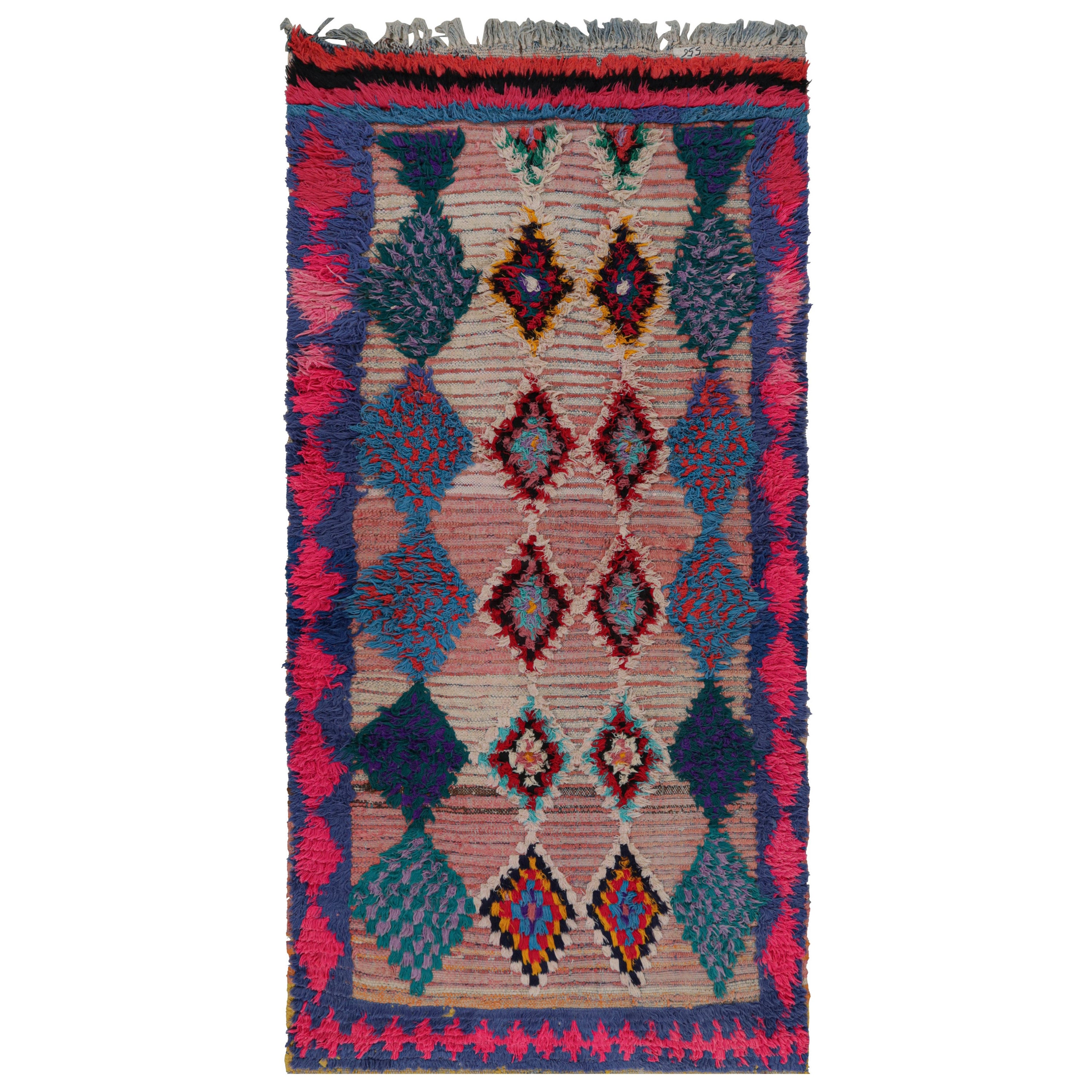 1950s Azilal Moroccan rug with Pink and Blue Patterns by Rug & Kilim For Sale