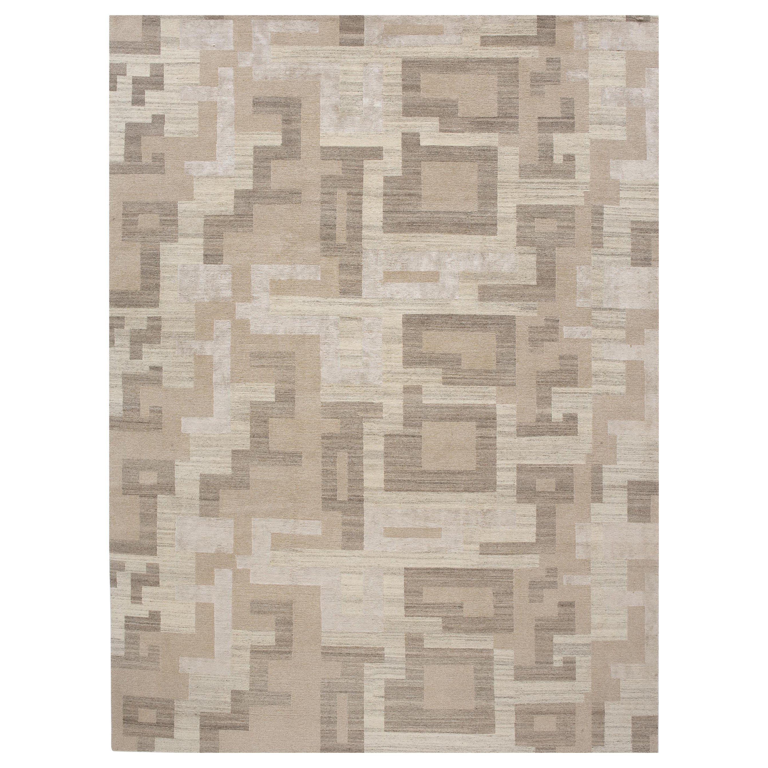 Luxury Modern Hand-Knotted Elemental Natural Block Frost 12x16 Rug For Sale