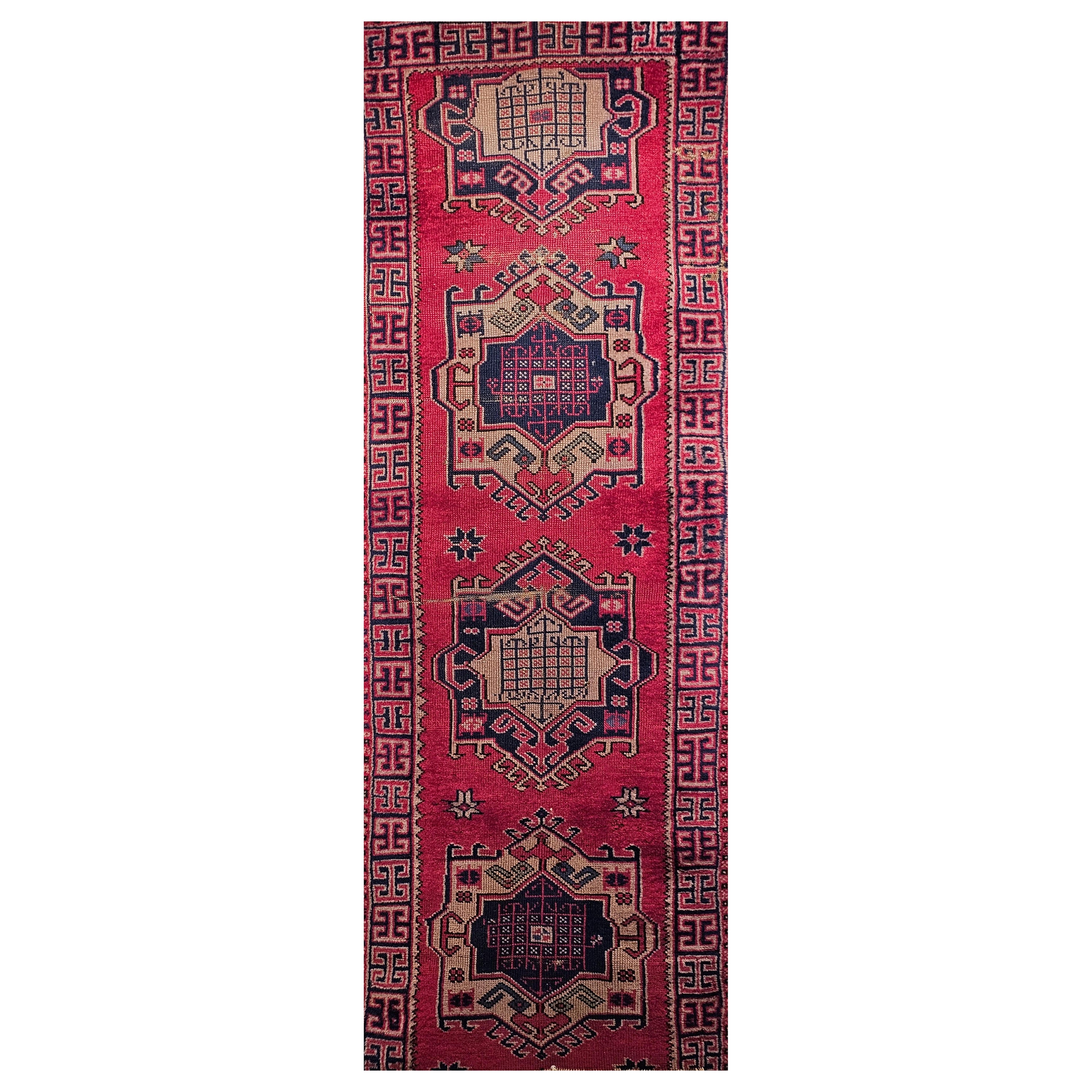 Vintage Turkish Runner in a Geometric Pattern in Red, Navy, Green, Blue, Ivory