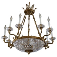 Fine French Empire Style Brass & Cut Crystal 13 Light Chandelier