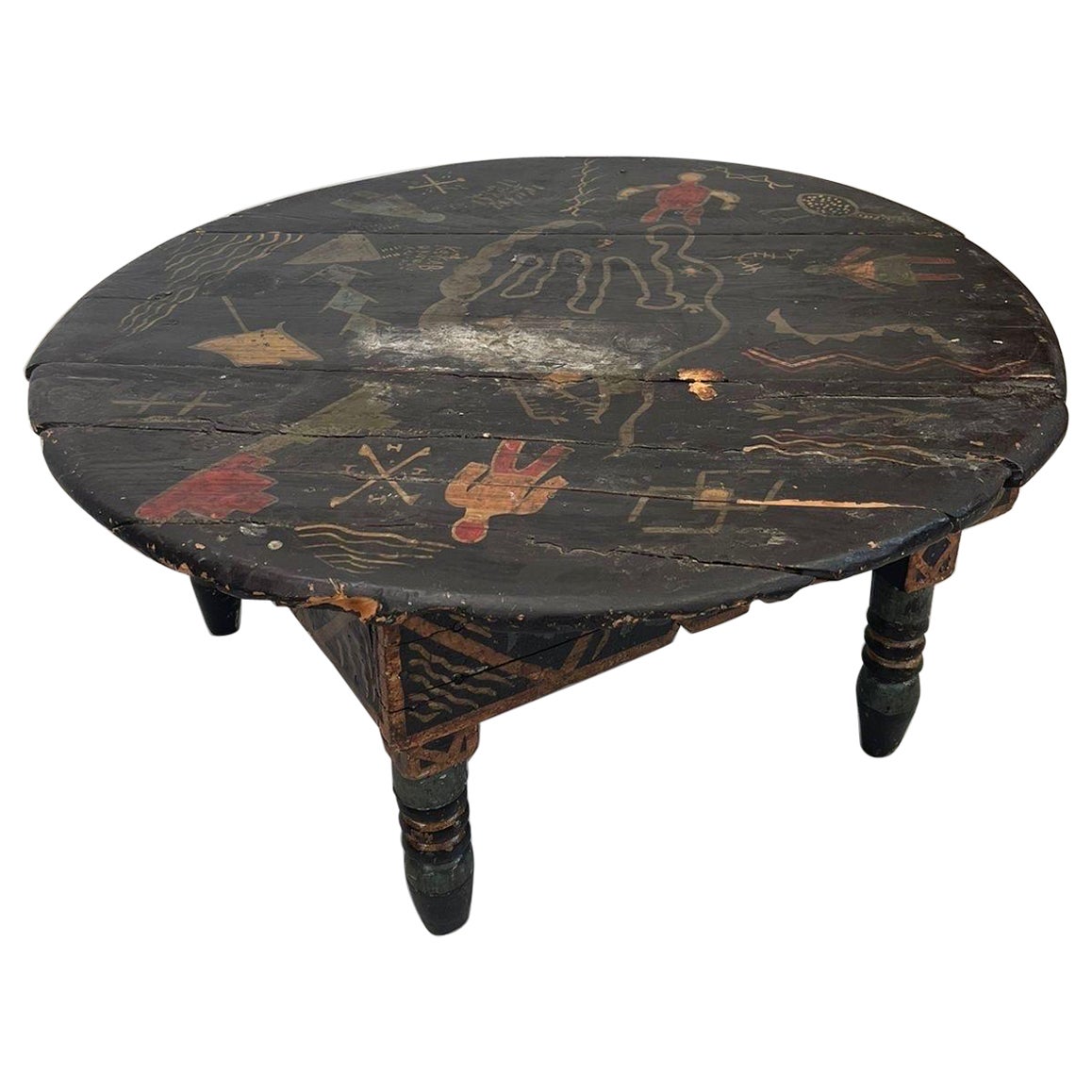 Vintage Black Moroccan Round Table With Primitive Illustrations. For Sale