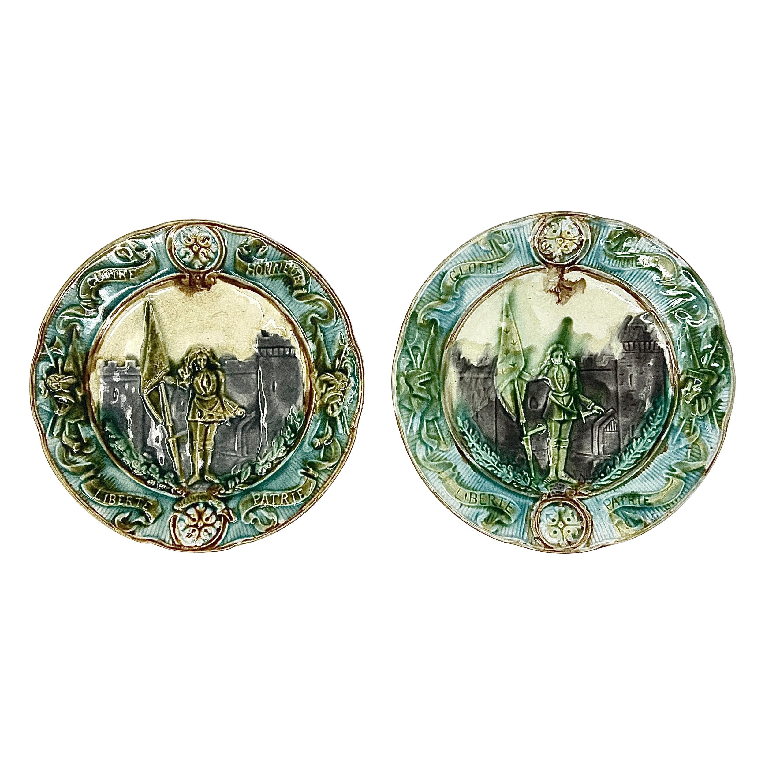 Pair Antique French Majolica Hand-Painted Blue & Green Porcelain Plates Ca. 1900 For Sale