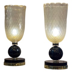 Coppia di lampade in vetro di Murano oro con base nera, 1940