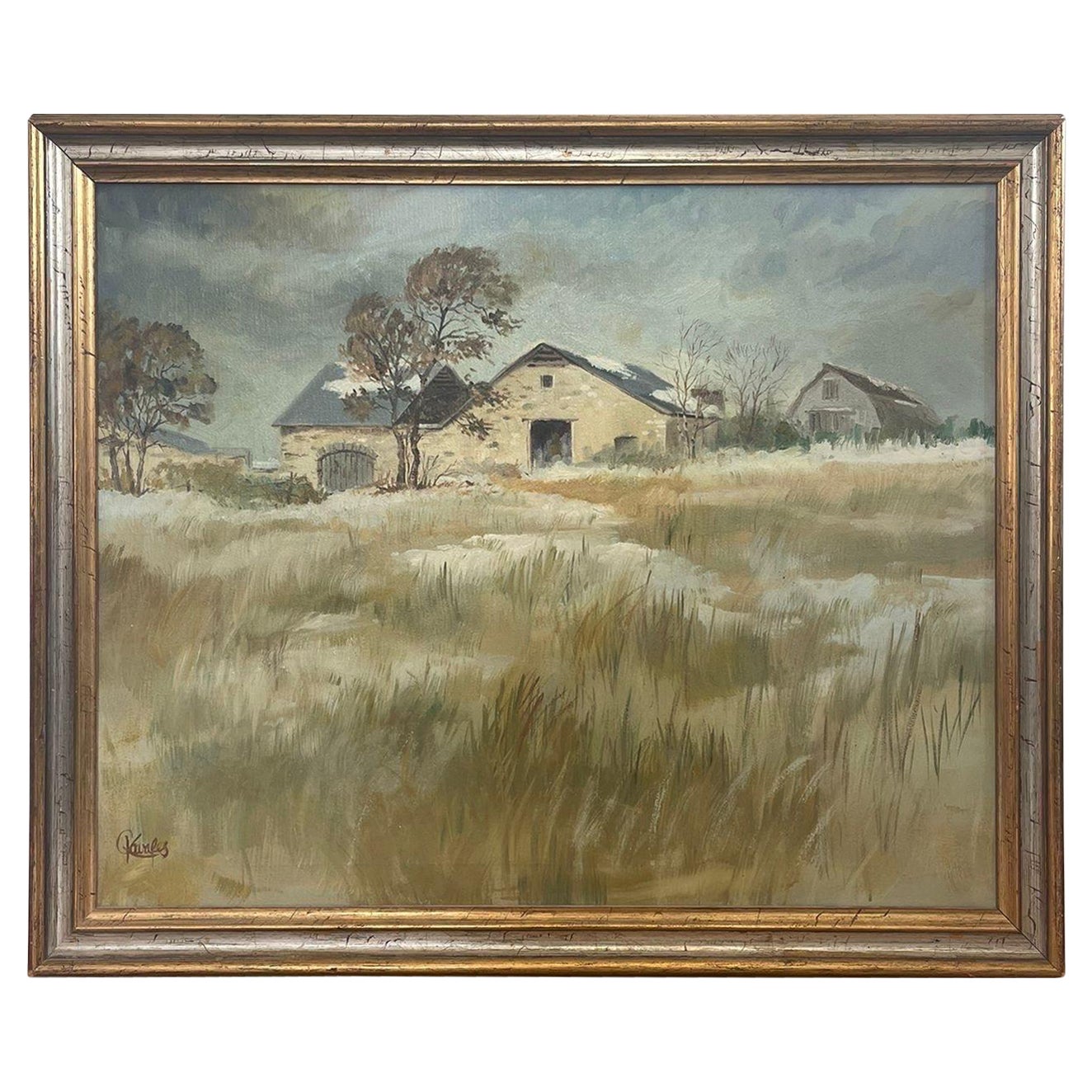 Vintage Scenic Painting Signed by Craig Kavafes Titled First Snow For Sale