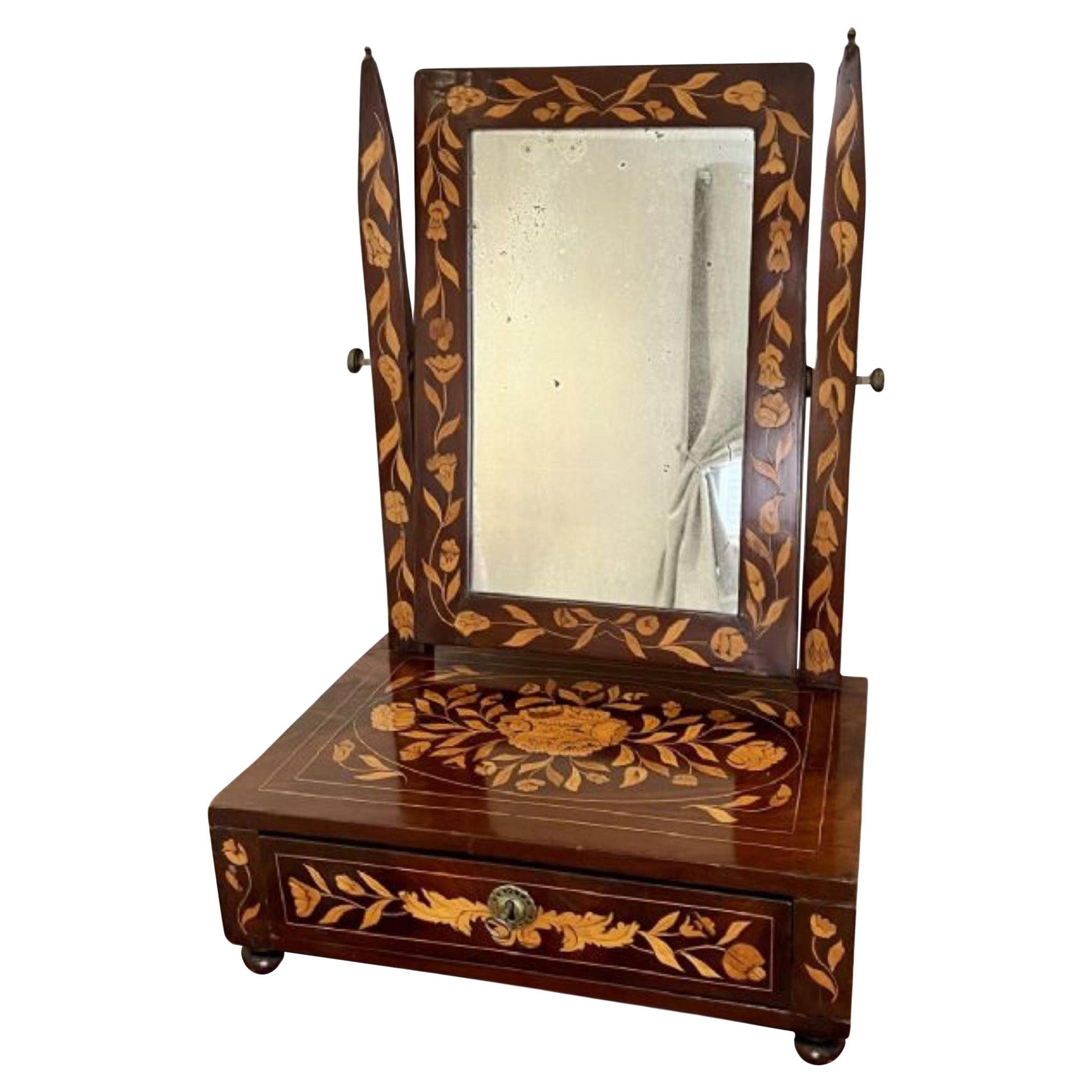 Antique miroir de coiffeuse en acajou incrusté de marqueterie hollandaise. 