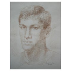 Portrait vintage au fusain sur papier tampon - Signé - Non encadré - Circa 1984