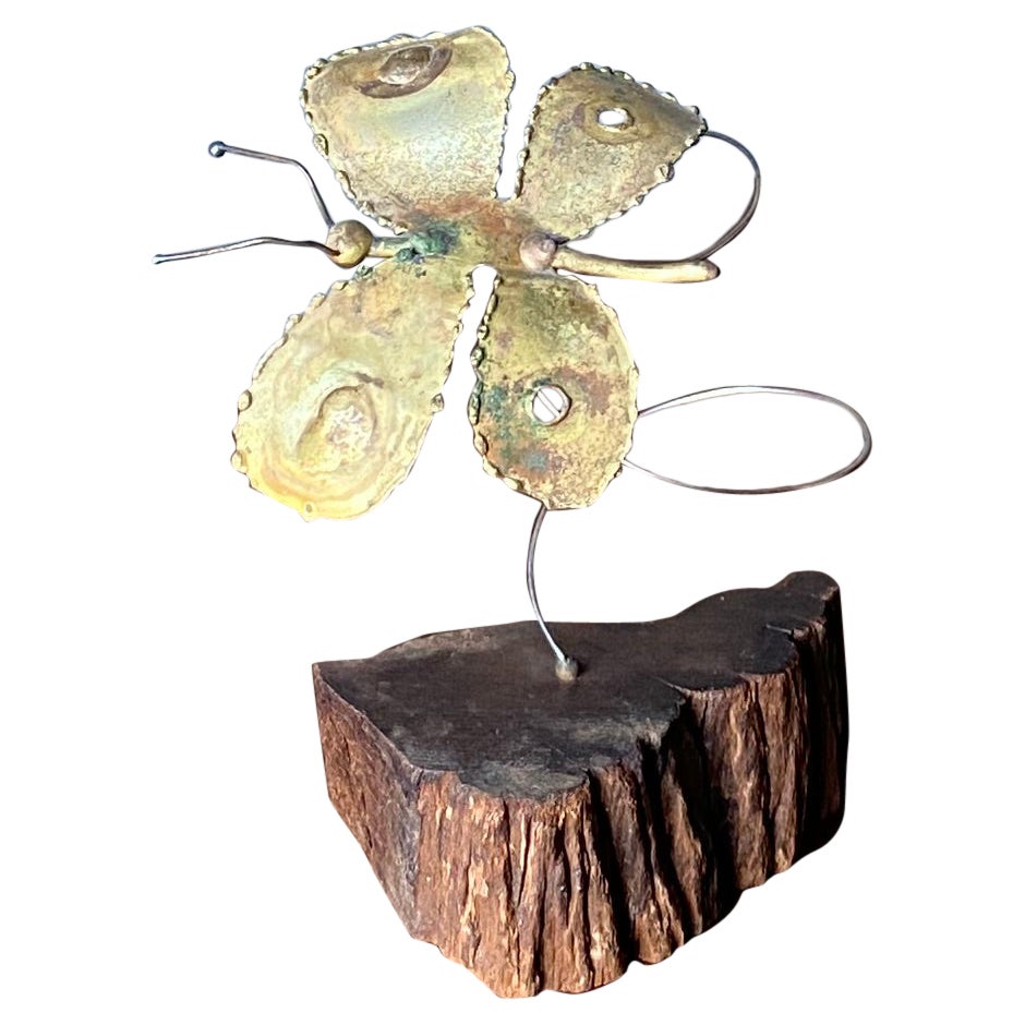 Mid Century Brass and Copper Butterfly on Burl Stand For Sale