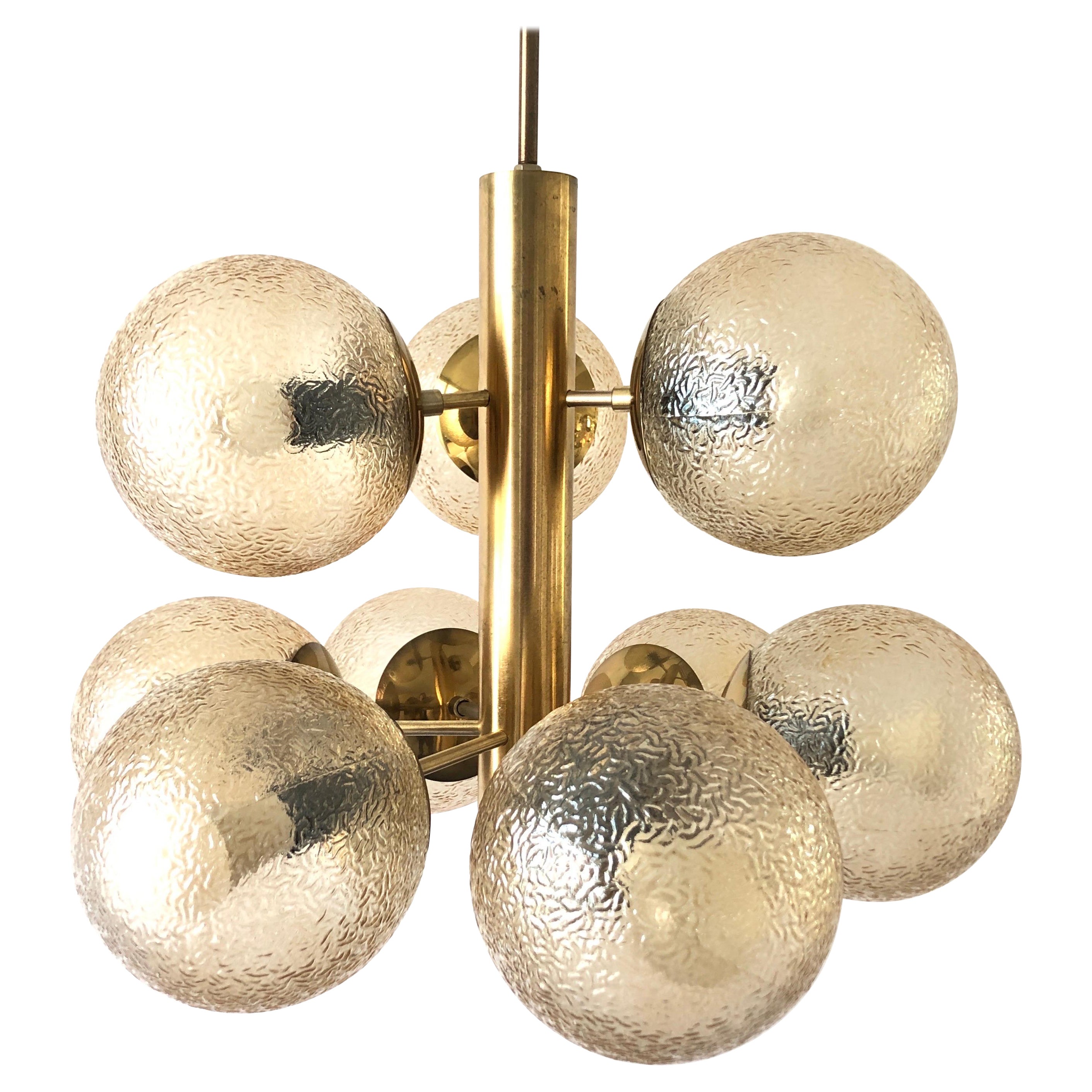 9 Textured Smoked Glass and Brass Chandelier by VEB LEUCHTEN, 1970s, Germany