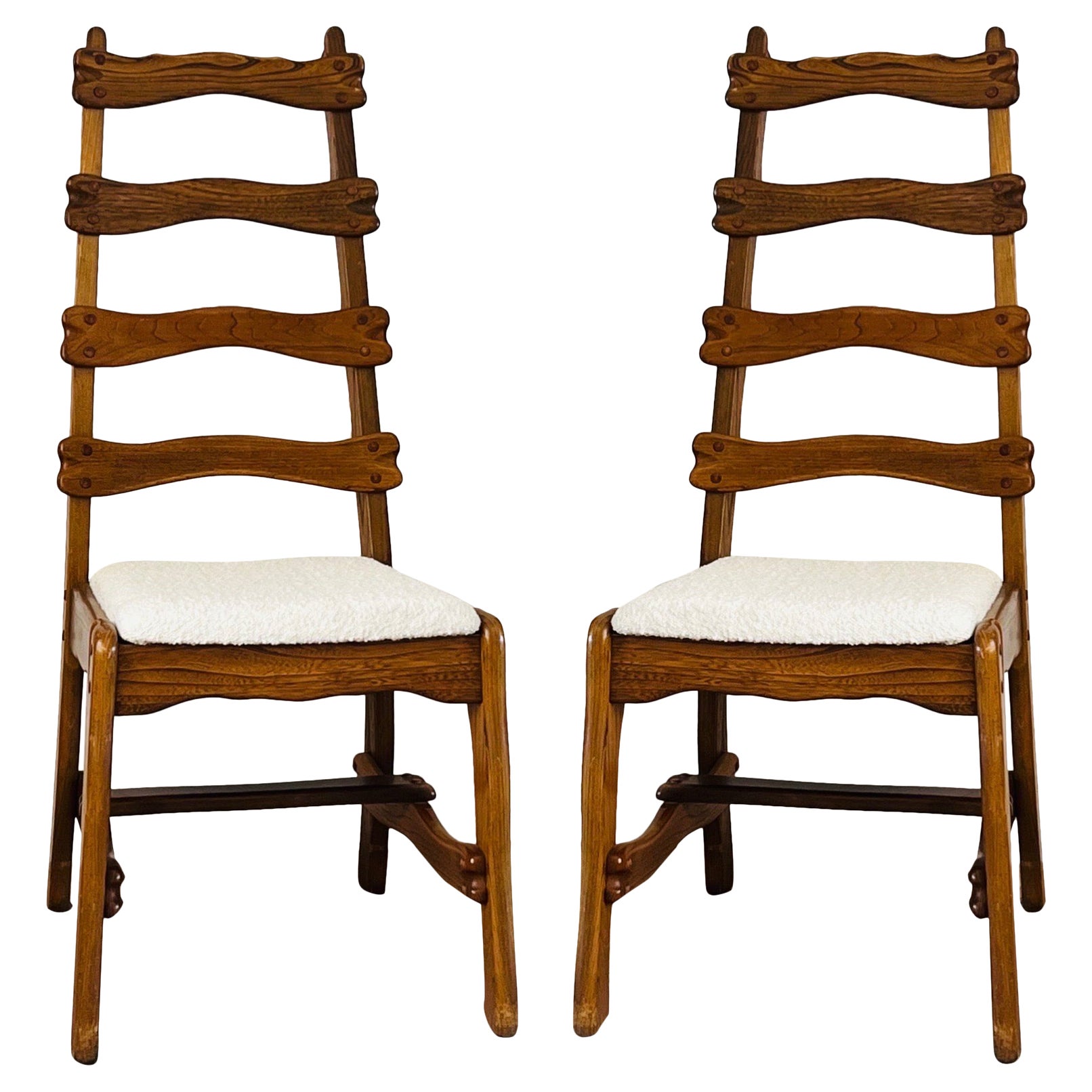 Pair of Sculptural Carved Oak Chairs in Cream Bouclé For Sale