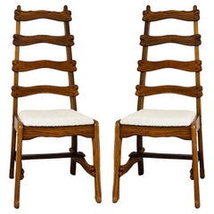 Retro Pair of Sculptural Carved Oak Chairs in Cream Bouclé