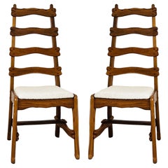 Pair of Sculptural Carved Oak Chairs in Cream Bouclé