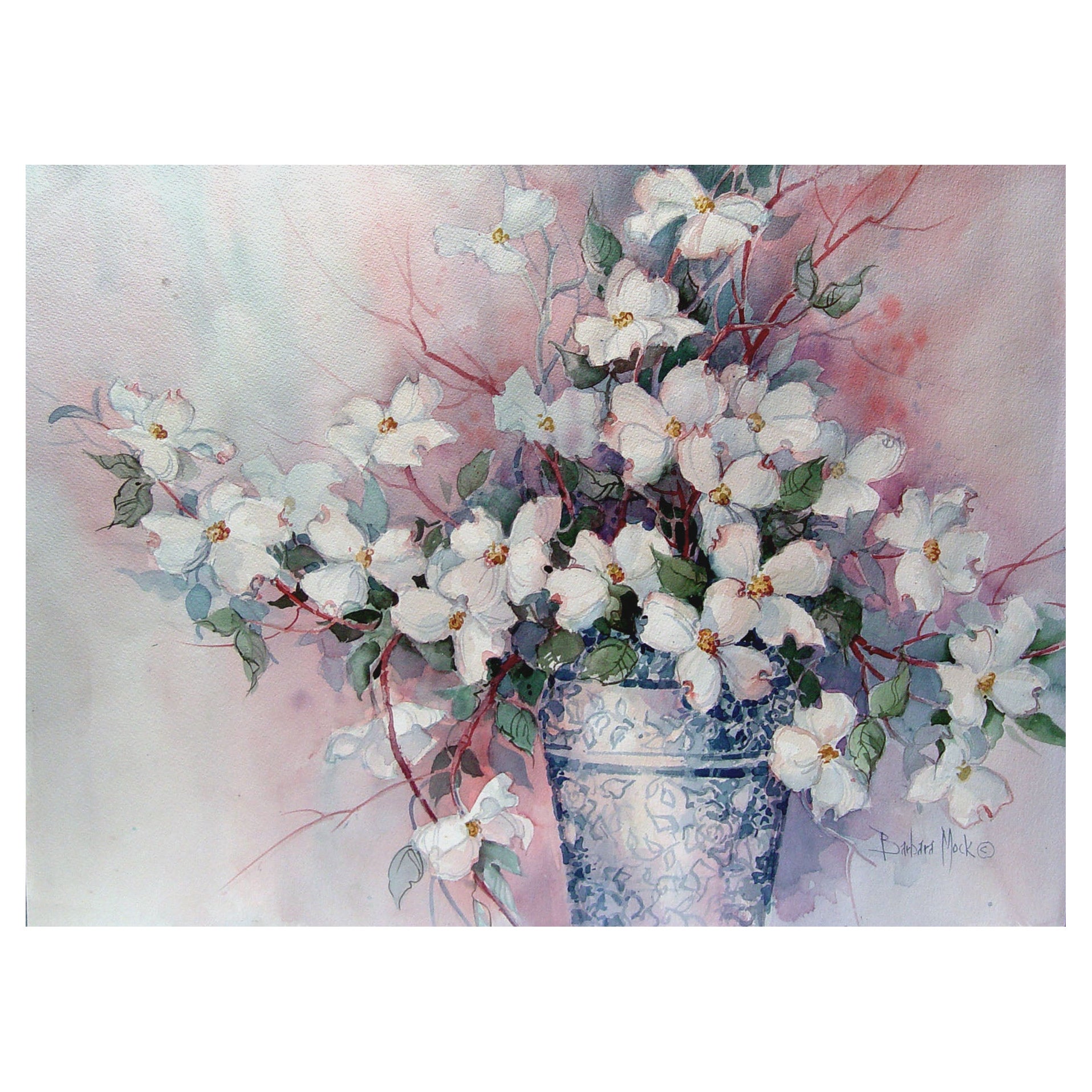 Flowering Dogwood Watercolor Painting by Barbara Mock For Sale