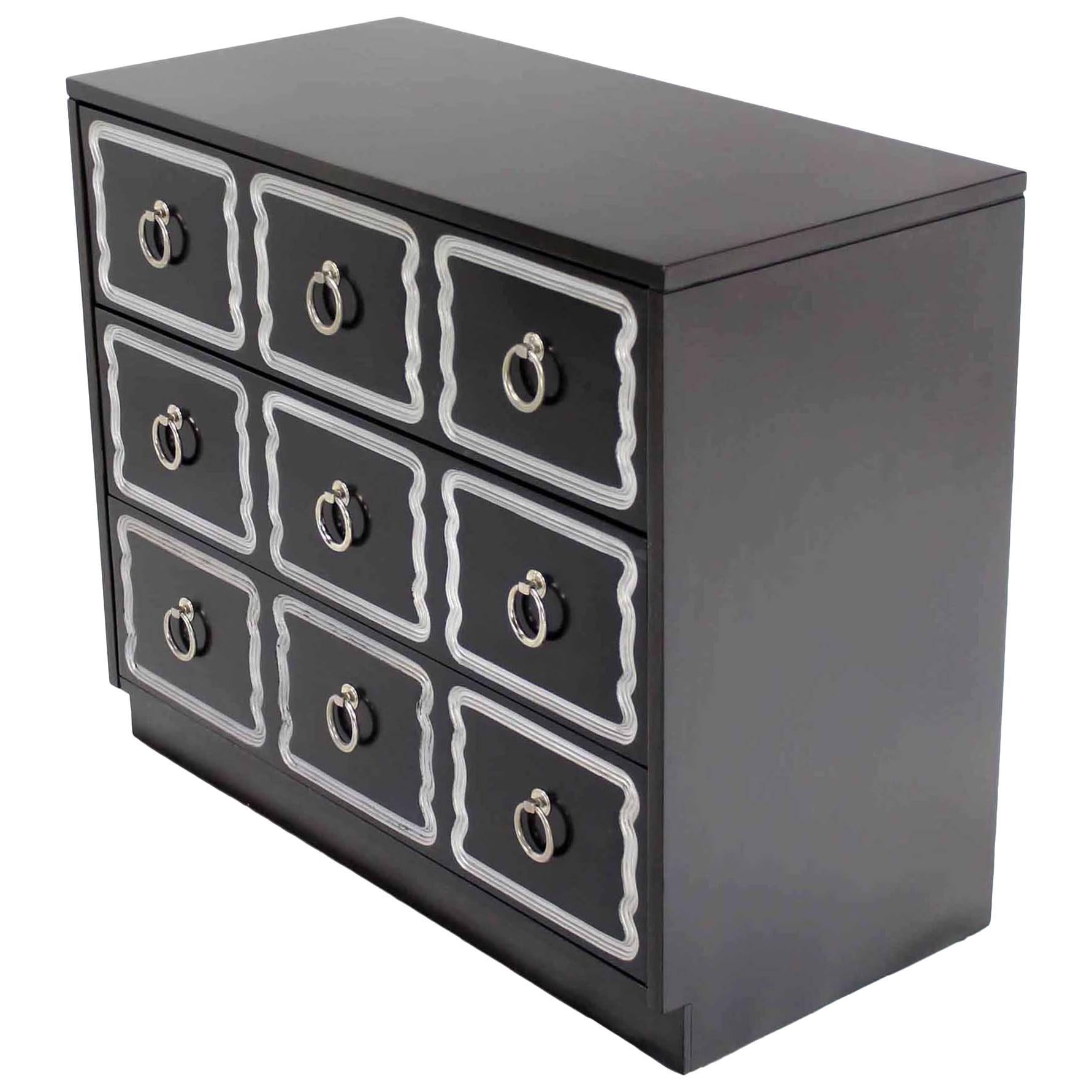 Dorothy Draper Style Black and Silver Three Drawer Chest of Drawers Dresser