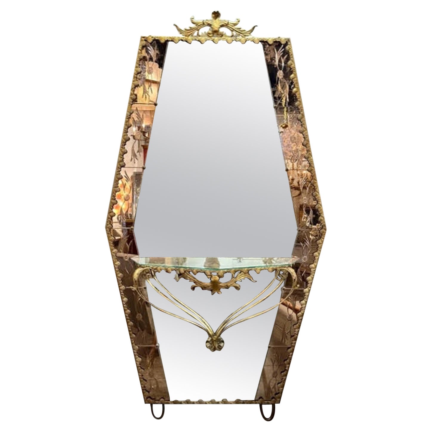 Vintage Murano Etched Glass and Brass Dressing Mirror For Sale