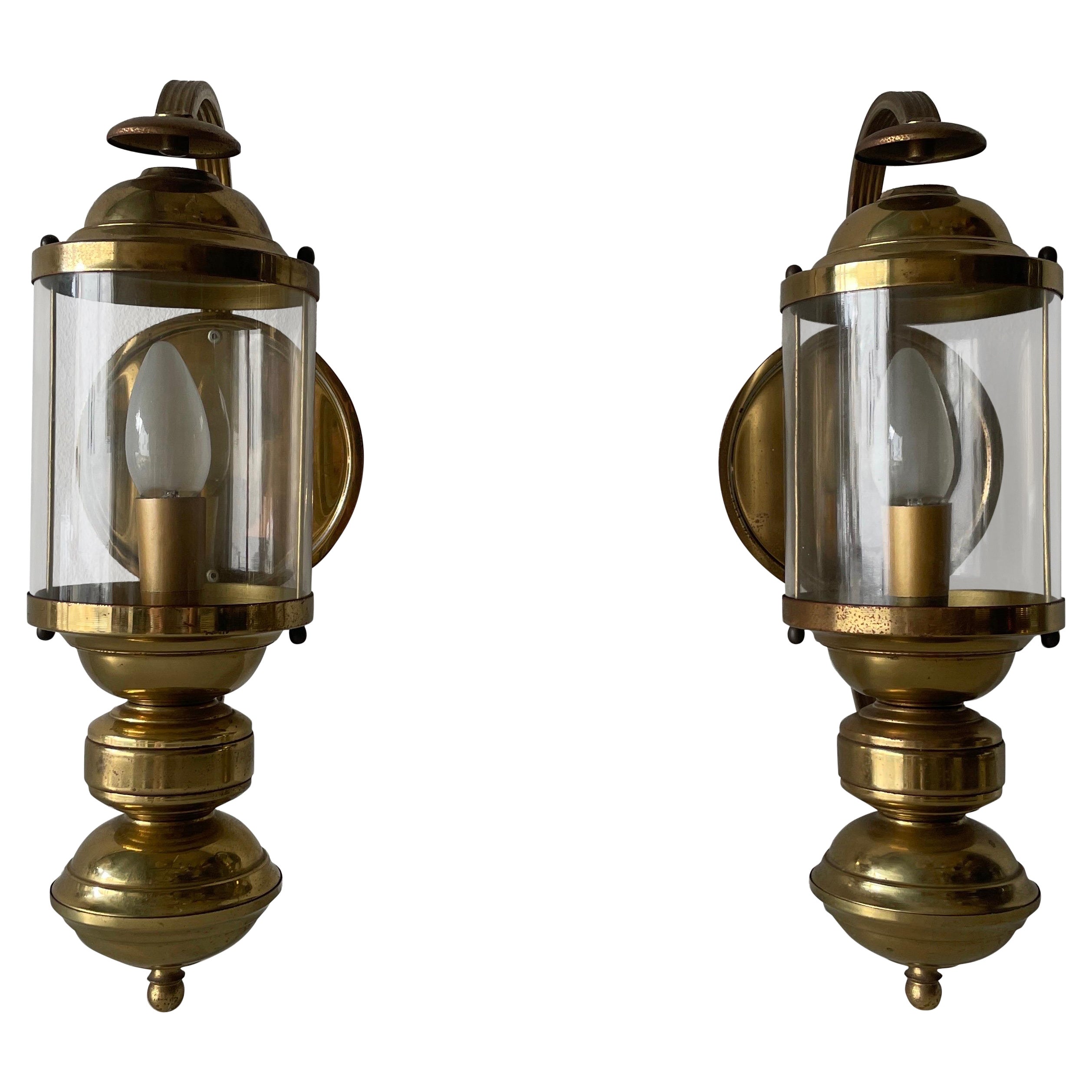Lantern Design Brass and Glass Pair of Sconces, 1970s, Germany