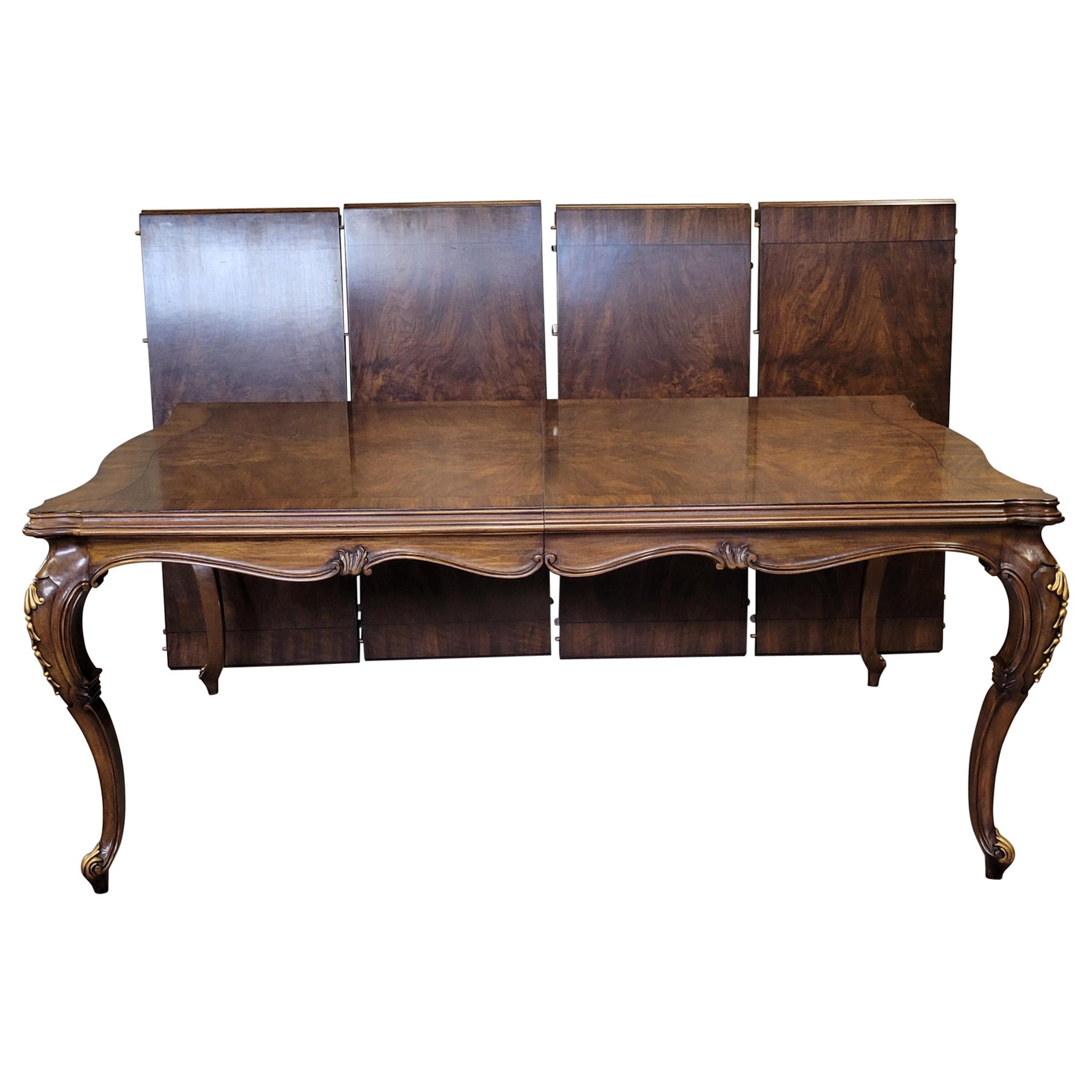 Vintage Karges French Louis XV Burl Walnut Dining Room Table With Four Leaves