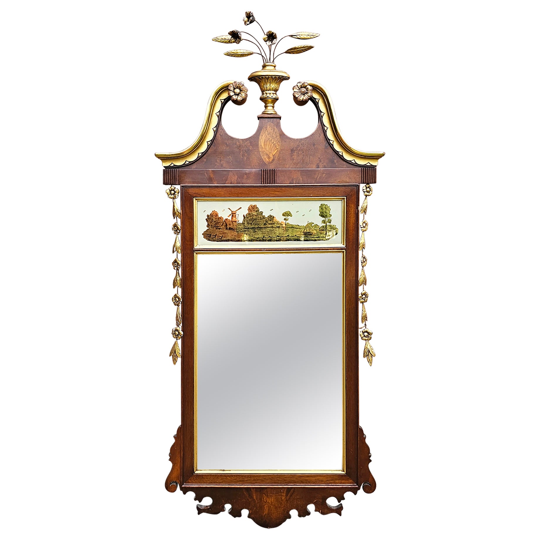 Miroir fédéral en acajou sculpté et incrusté de bois de satin, peint en doré et en églomisé