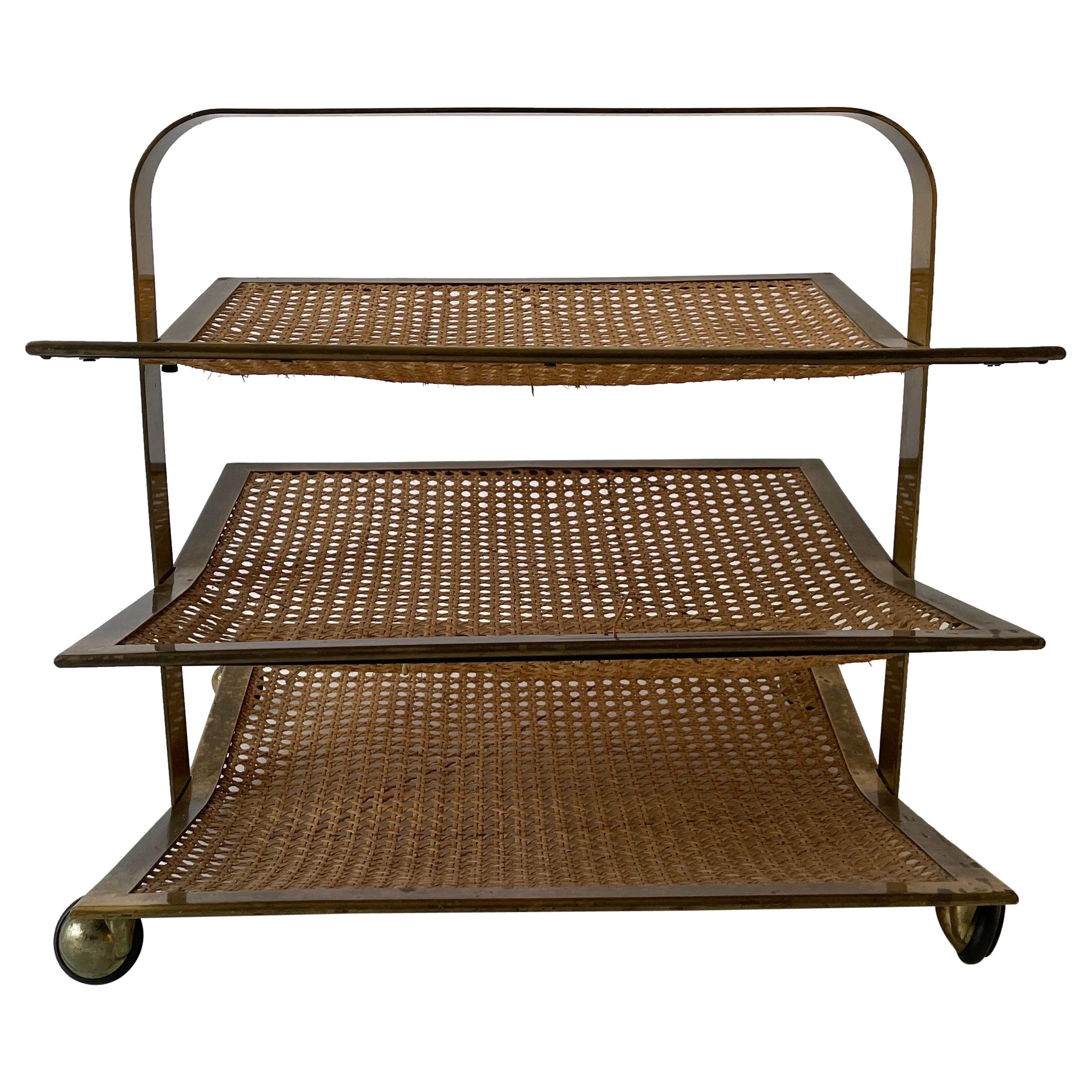 Wicker - Brass Wonderful Luxury Magazine Rack with 3 Shelf, 1960s, Italy