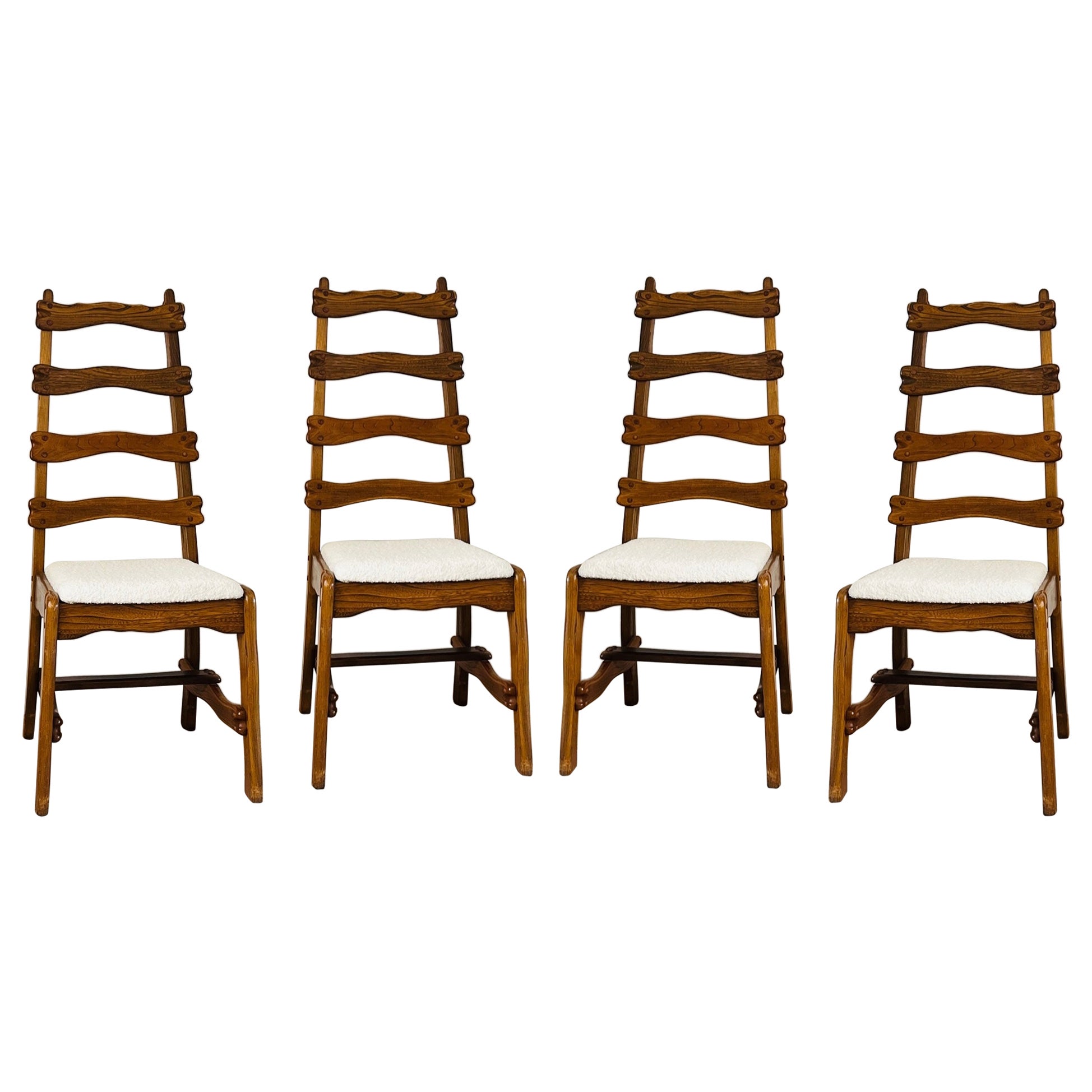 Set of 4 Sculptural Carved Oak Chairs in Cream Bouclé For Sale