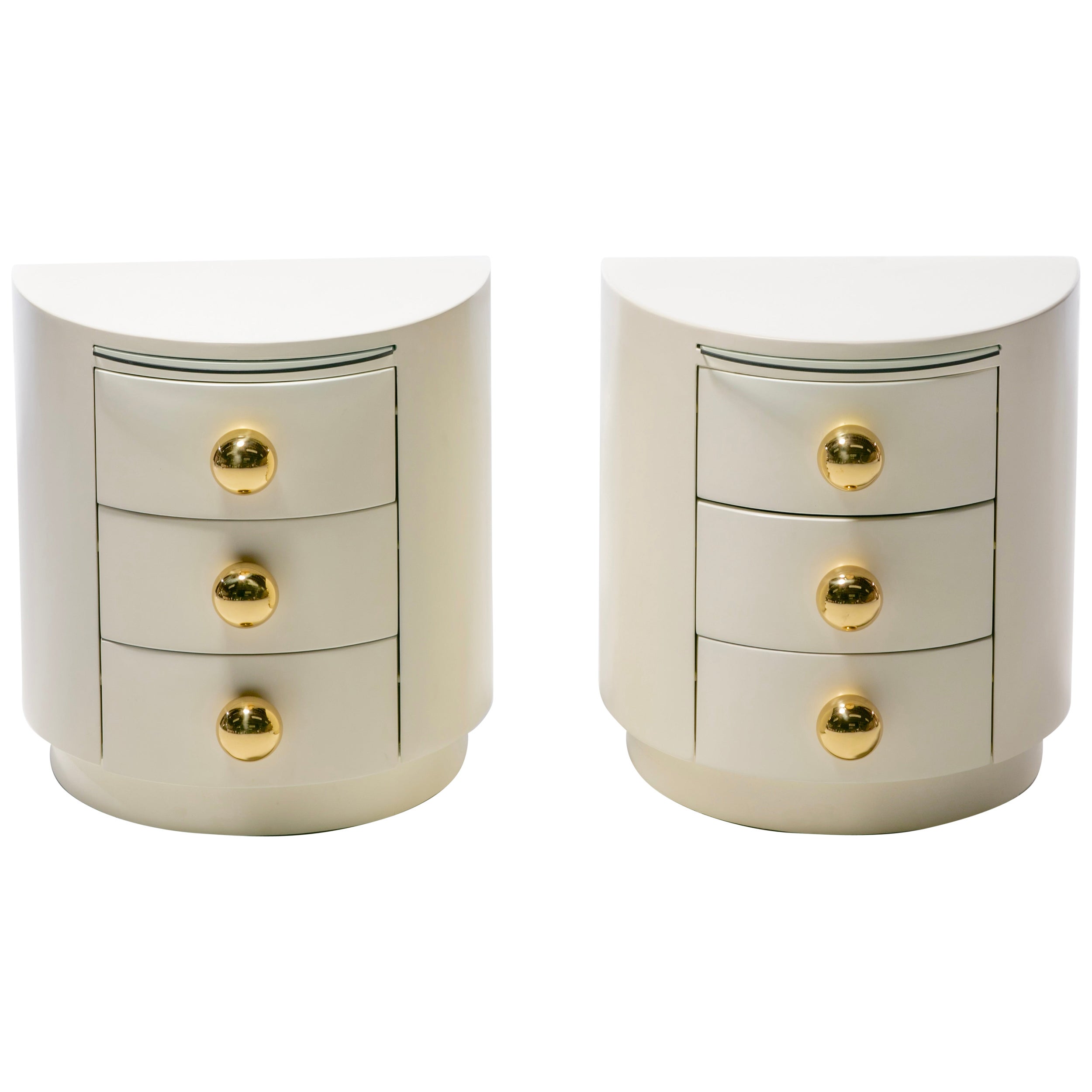 Post Modern Ivory Lacquered Night Stands with Dramatic Polished Brass Hardware For Sale