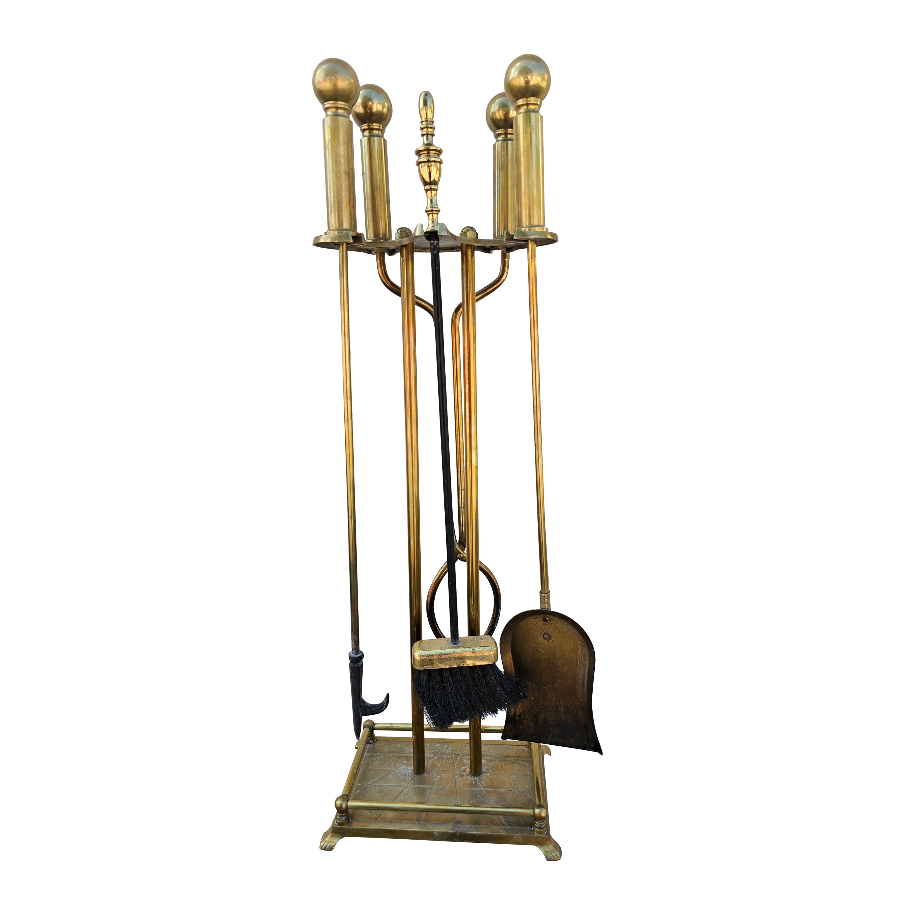 19th Century Ball Head Brass Fireplace Tools Set For Sale