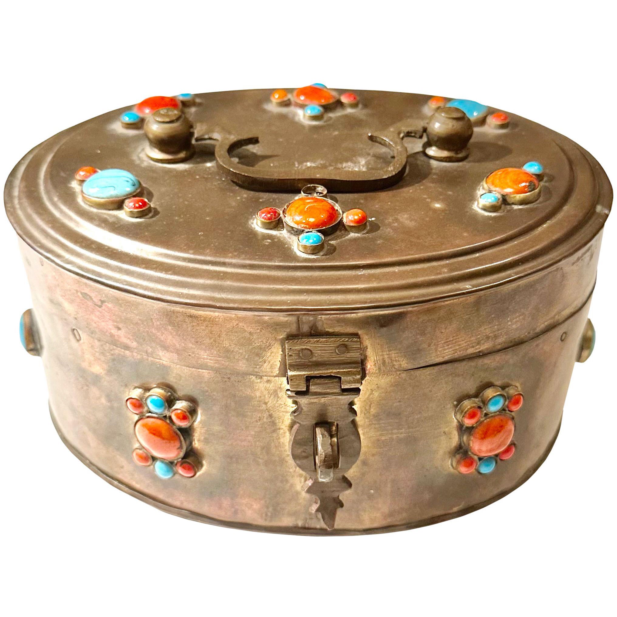Turn Of The Century Brass Indian Box With Gemstones For Sale