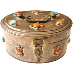 Antique Turn Of The Century Brass Indian Box With Gemstones
