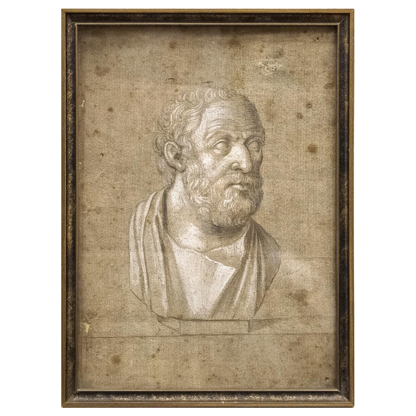 Antique framed Academic Chalk Drawing of a Greek Intellectual on sepia paper For Sale