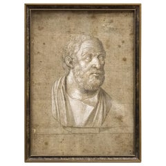 Antique framed Academic Chalk Drawing of a Greek Intellectual on sepia paper