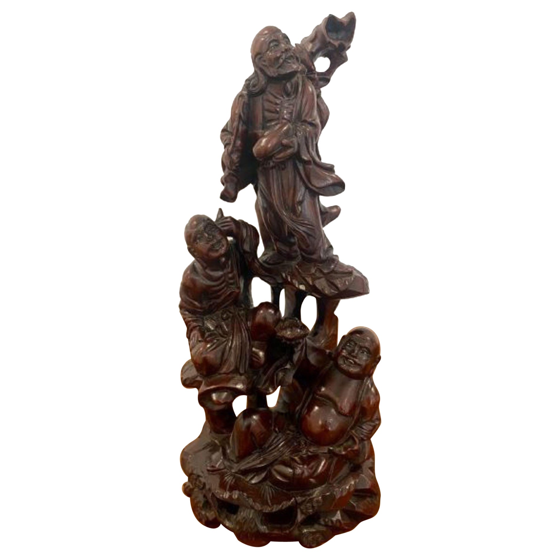 Groupe en bois dur sculpté chinois antique de qualité 