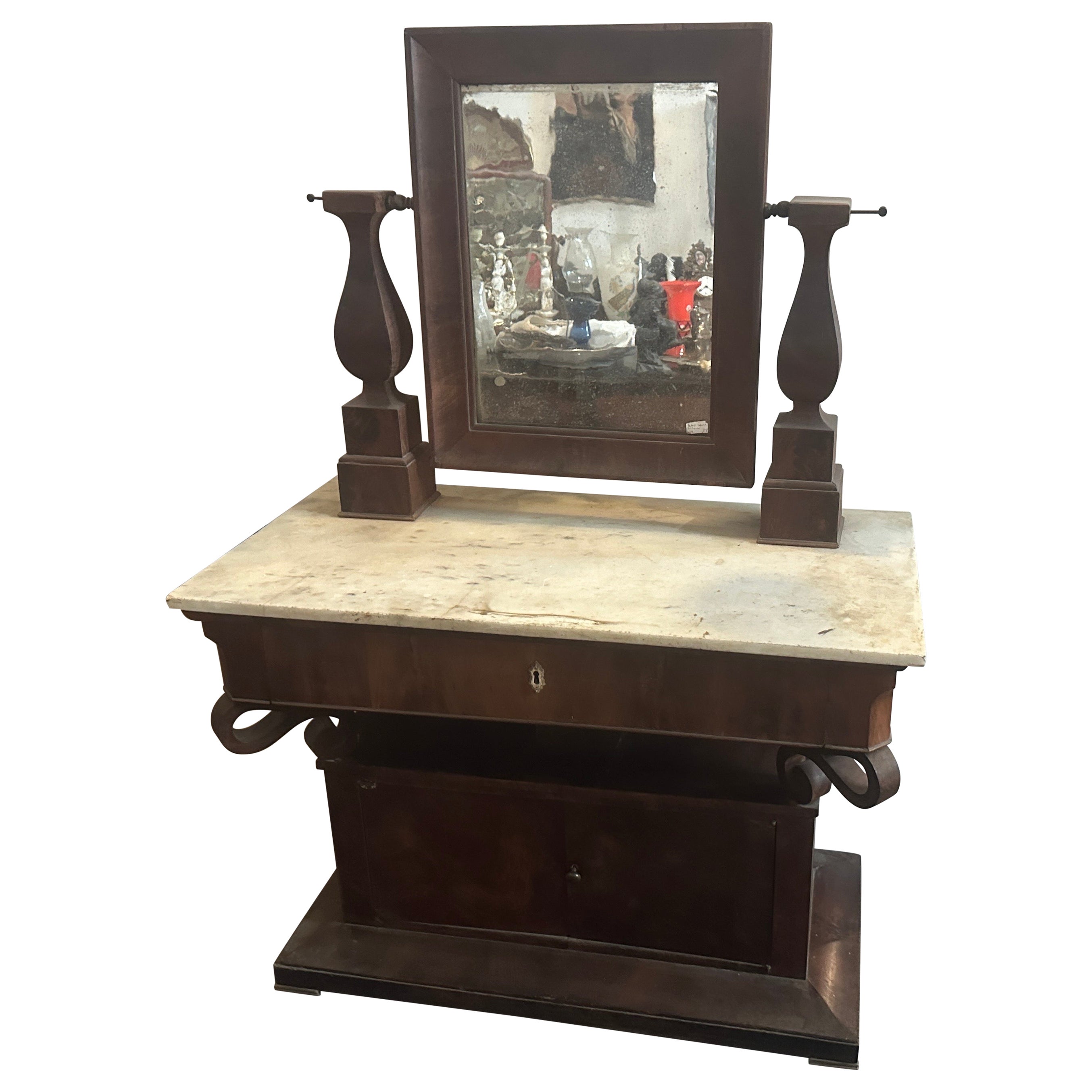Mid-19th Century Fir Wood Veneered in Mahogany and marble Sicilian Vanity Table  For Sale
