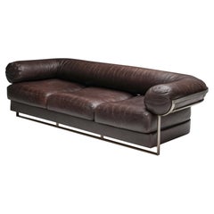 Charpentier Brown Leather 'Apollo' Sofa in Stainless Steel Frame, 1960s